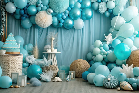 Party decoration with blue and white balloons, candles and ribbons.の素材