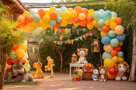 Colorful balloon decoration in the garden for birthday party, Thailand.の素材