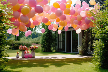Colorful balloons in the garden on a sunny summer day. Wedding decorationの素材