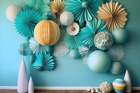 3d render of interior with turquoise wall and white paper flowersの素材