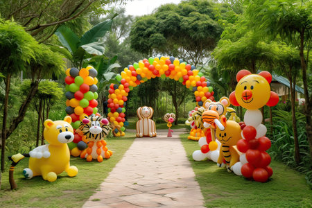 Tropical garden with colorful balloons and animals in the park.の素材