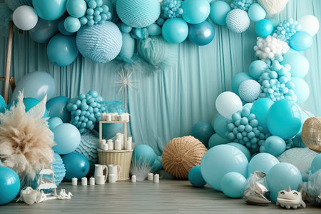 Party decoration with blue and turquoise balloons, ribbons and candles.の素材