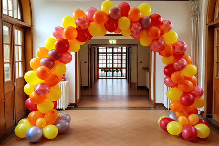 Colorful balloons in the corridor of a school or kindergarten with a large windowの素材