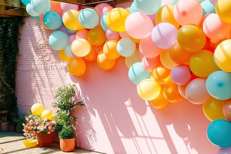 Colorful balloons on the wall of a house in the sunshine.の素材