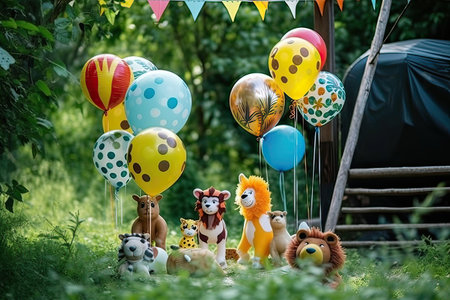 Cute lion, leopard, bear, giraffe, monkey and lion with balloonsの素材