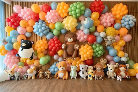 Children's room decorated with colorful balloons and teddy bears. 3D rendering.の素材