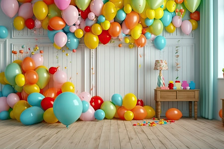 3d render of colorful balloons in children's room. Birthday partyの素材
