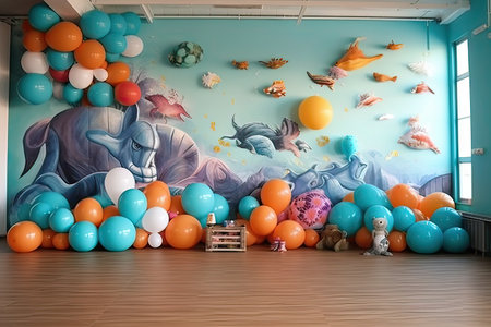 Children's room decorated with balloons and fish. Children's room decorated with balloons.の素材