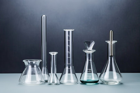 Laboratory glassware on black background, science research and development conceptの素材