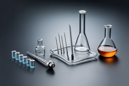Laboratory glassware with a variety of test-tubes and dropperの素材