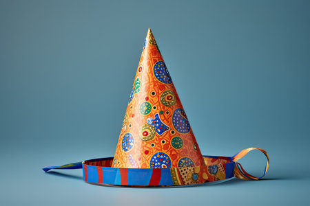 Party hat on a blue background. 3d render, 3d illustration.の素材