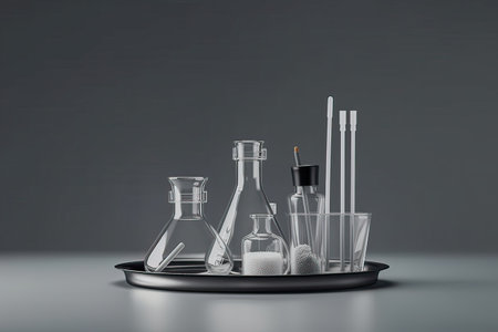 Laboratory glassware on a gray background. 3d rendering.の素材