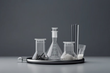 Laboratory glassware on grey background. 3d render illustration.の素材