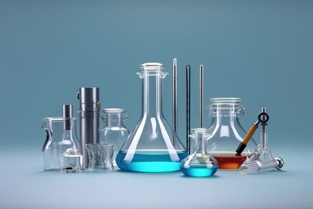 Laboratory glassware on blue background. 3d render illustration.の素材