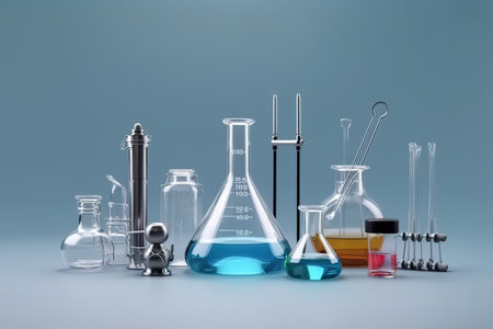 Laboratory glassware on blue background, science research and development conceptの素材