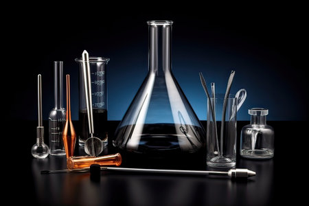 Laboratory glassware on black background, science research and development conceptの素材
