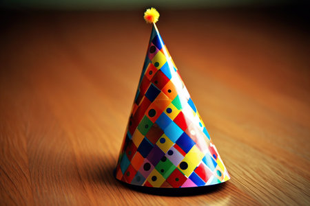 Party hat on the wooden floor. Shallow depth of field.の素材