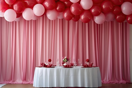 Wedding Table Decorated with Red and Pink Balloonsの素材
