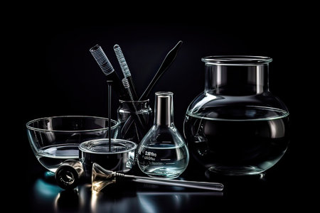 Laboratory glassware on black background. Science research and development concept.の素材