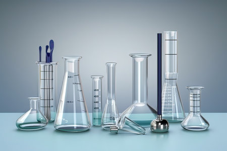 Laboratory glassware on a blue background. 3d rendering.の素材