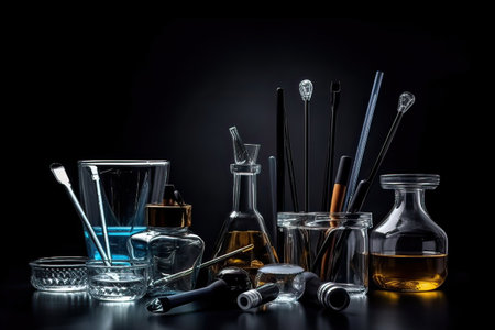 Laboratory glassware on black background. Chemical laboratory research and development concept.の素材