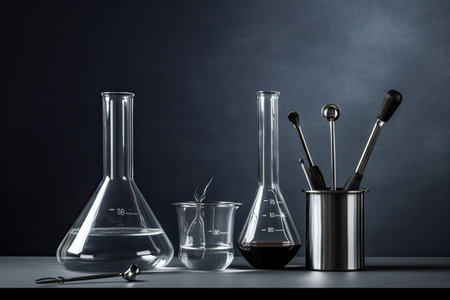 Laboratory glassware on black background, science research and development conceptの素材