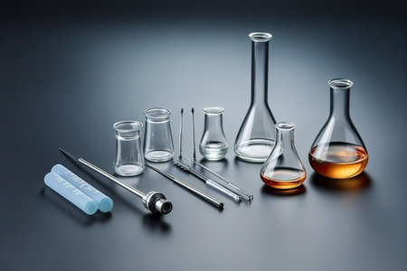 Laboratory glassware on dark background. Science laboratory research and development concept.の素材