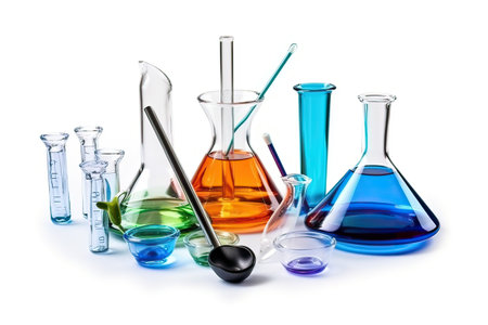 Laboratory glassware with colorful liquid isolated on white background. Chemical laboratory equipmentの素材