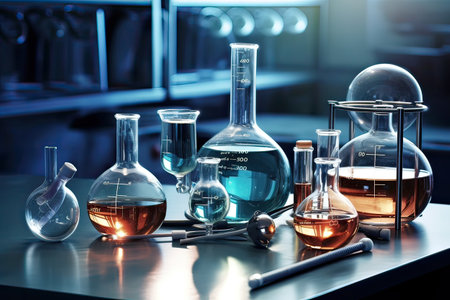 Laboratory glassware containing chemical liquid, science research and development conceptの素材