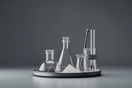 Laboratory glassware and test-tubes on grey background. 3d renderingの素材