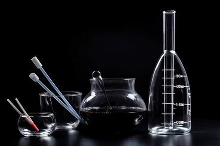 Laboratory glassware with liquid on black background, science and chemistry conceptの素材