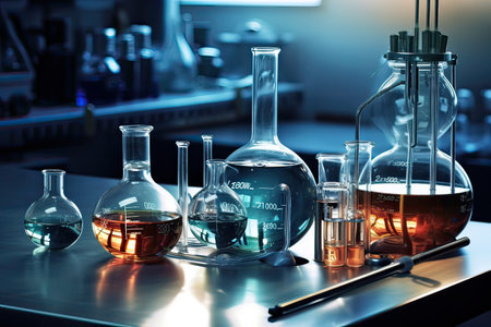 Laboratory glassware containing chemical liquid, science research and development conceptの素材
