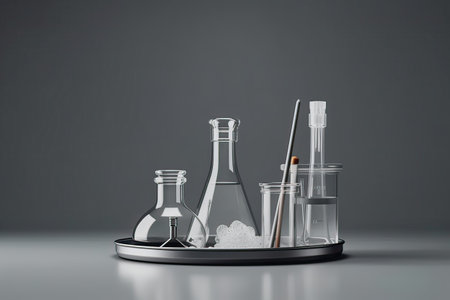 Laboratory glassware on grey background. 3d render illustration.の素材