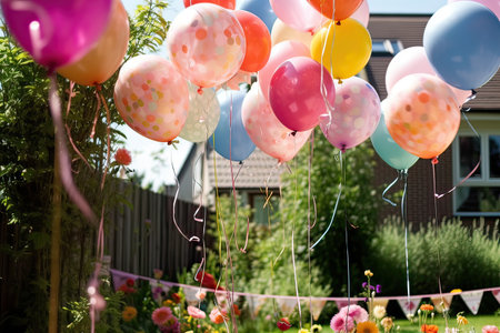 Colorful balloons in the garden on the background of the house.の素材