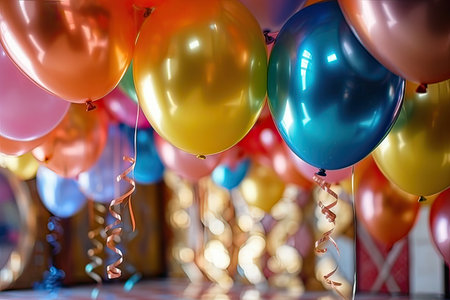 Colorful balloons with ribbons and confetti in the background.の素材