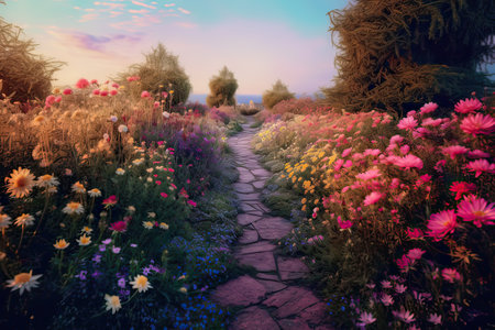 Beautiful summer landscape with path and flowers. 3D Renderingの素材