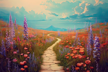 Beautiful summer landscape with meadow and purple flowers. Digital painting.の素材