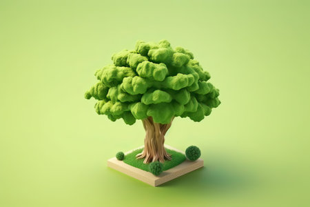 Tree made of green leaves on green background. 3d illustration.の素材