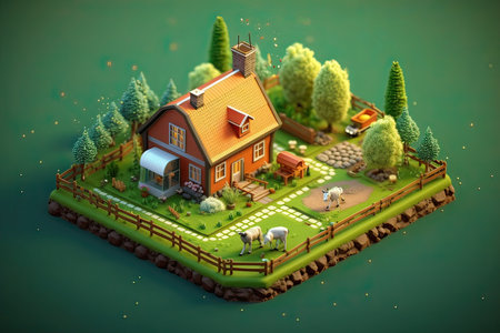 House and farm on a green background. 3D illustration. Render.の素材