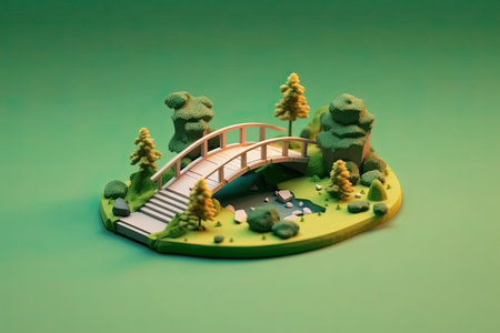 Miniature model of green forest and bridge on green background. Minimal concept.の素材