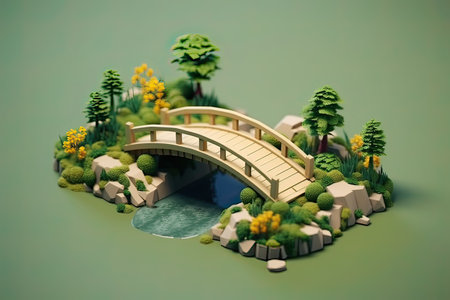 3D model of a bridge over the river with yellow flowers.の素材