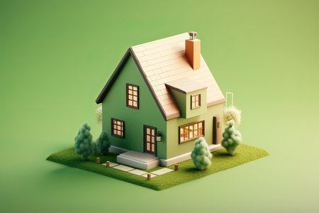 House model on green grass with trees. 3D illustration. Green background.の素材