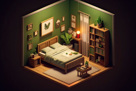 Interior of a room with a wooden bed and a green wallの素材