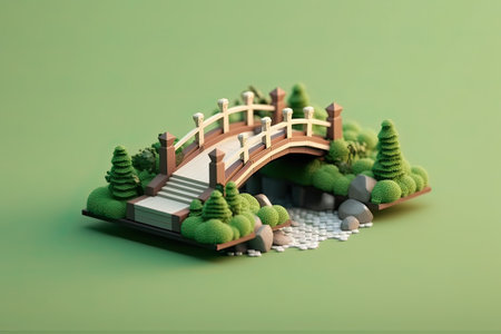 Miniature bridge on green background. 3D illustration. Copy space.の素材