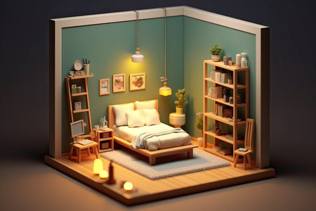 3d render of a room with a bed and a bookcaseの素材