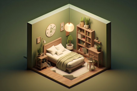 Interior of the bedroom in isometric view. 3D renderingの素材