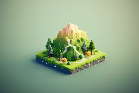 Miniature island with trees and mountains. 3d illustration. Retro styleの素材