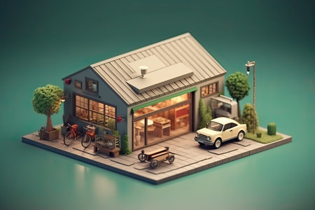 3d illustration of a small private house with a garden on the roofの素材