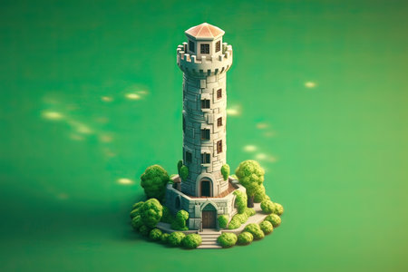 Lighthouse on green background. 3D illustration. Copy space.の素材