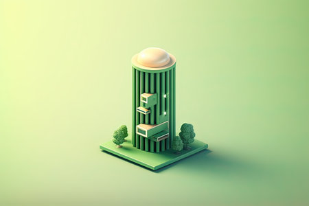 isometric city landscape with green building and tree. 3d renderingの素材